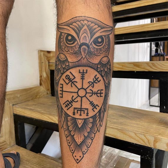 owl viking compass vegvisir inspired symbol ornamental patterns geometric details tattoo male-calf