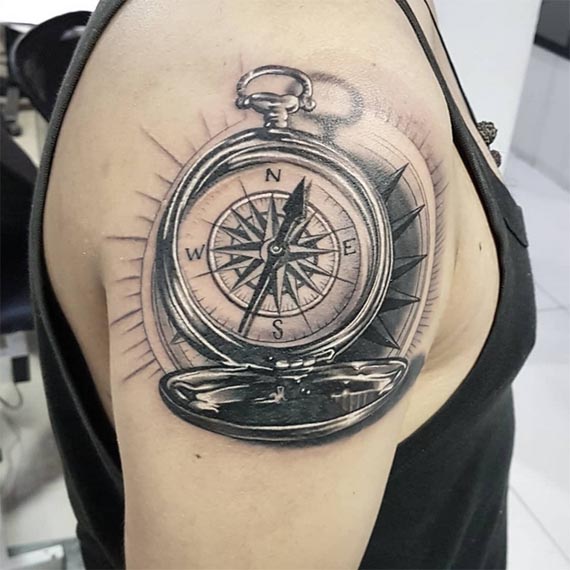 pocket watch compass n s e w letters watch case winding crown tattoo male shoulder bicep