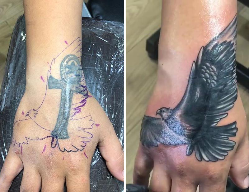 cross cover up tattoo eagle bird hand wrist