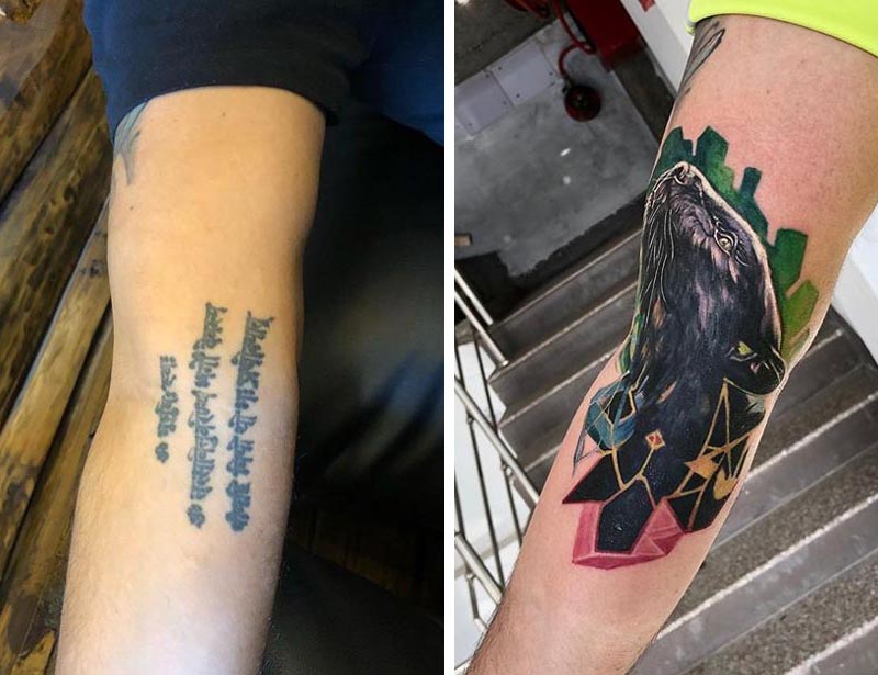 quote cover up tattoo with animal forearm