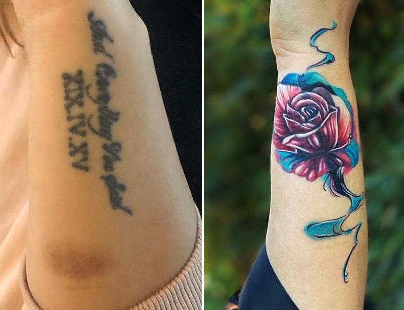 quote cover up tattoo -with rose flower forearm