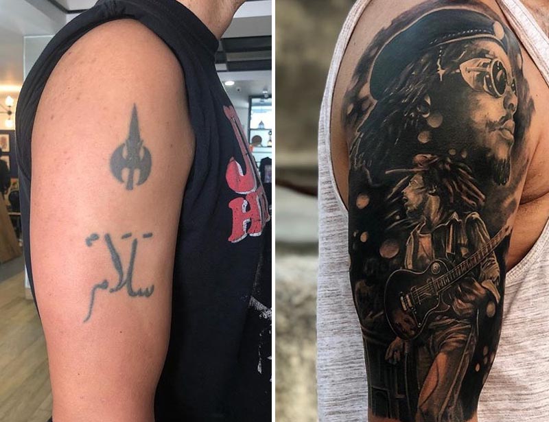 symbols cover up tattoo with musician portrait shoulder bicep