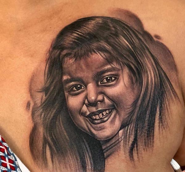 chest female daughters portrait tattoo