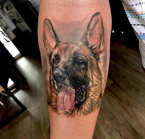 german shepherd detailed color tattoo