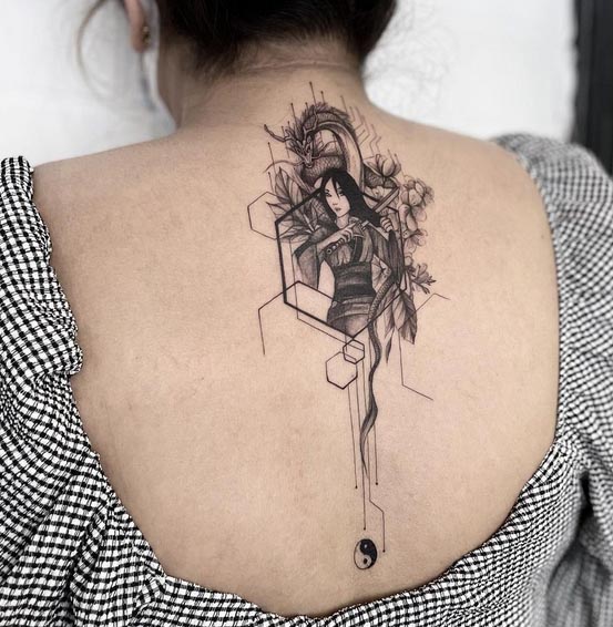 cartoon character mulan mushu girl dragon yin yang tattoo female back