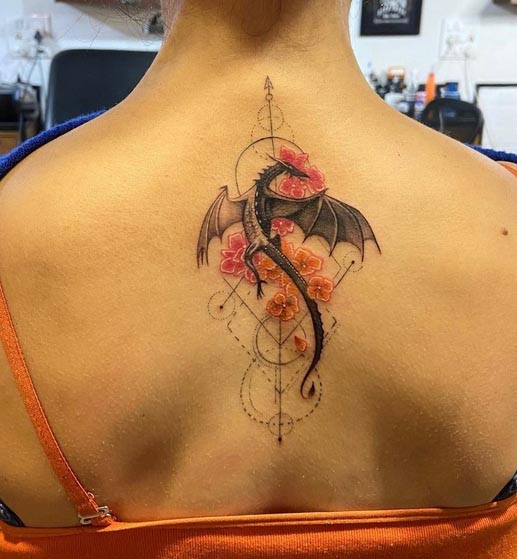 dragon cherry blossom geometric pattern tattoo design female back