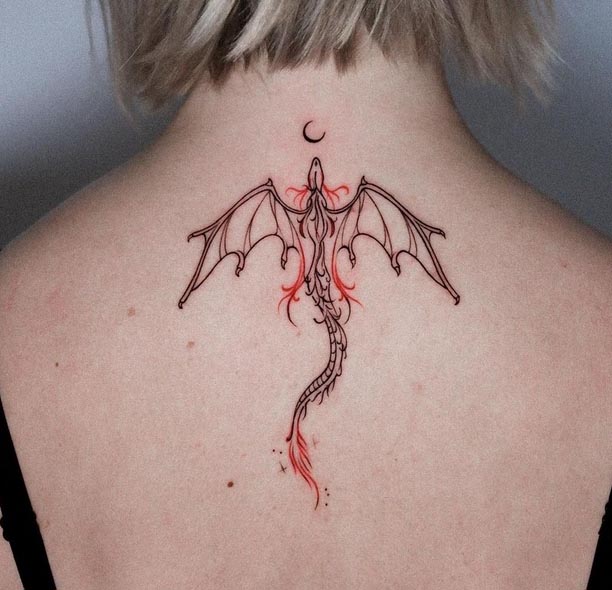 dragon crescent moon tattoo lineart black and red female back