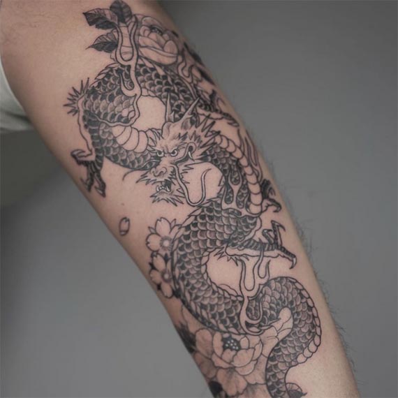 dragon flower tattoo design male forearm