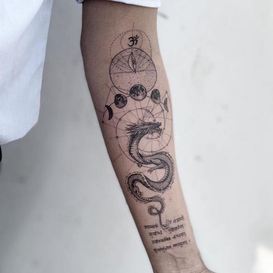 dragon om eye moon phases mrityunjaya mantra geometric pattern tattoo fineline male forearm