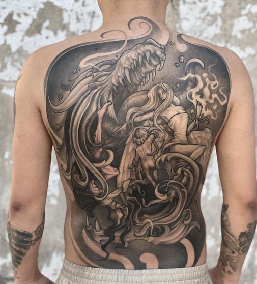 dragon skull life death tattoo design male full back