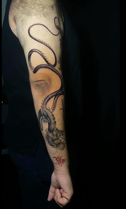 dragon sword japanese text tattoo design male full sleeve 1
