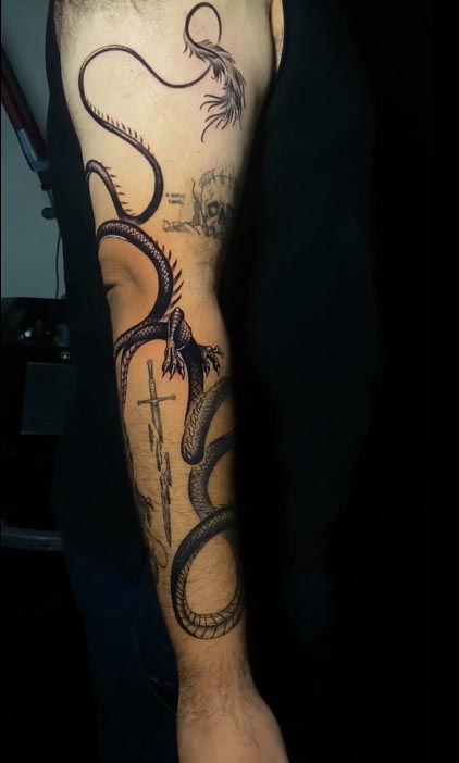 dragon sword japanese text tattoo design male full sleeve 2