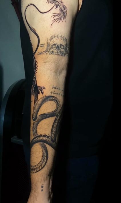 dragon sword japanese text tattoo design male full sleeve 3