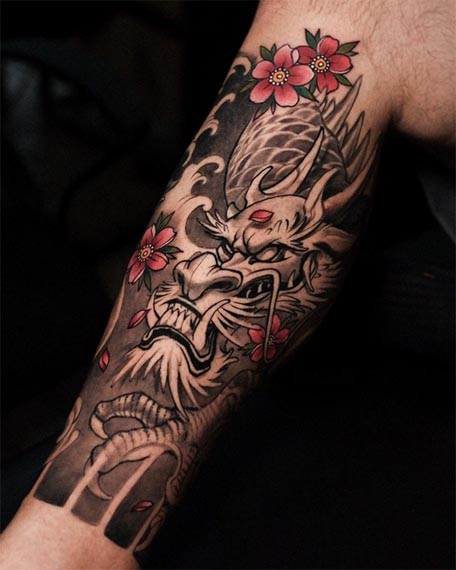 japanese dragon koi fish temple tattoo male leg half sleeve 1