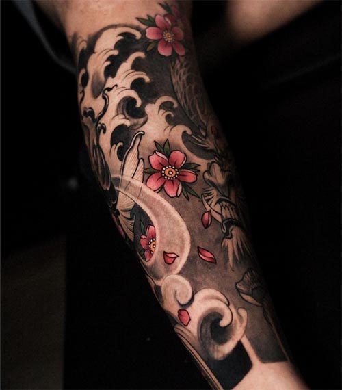 japanese dragon koi fish temple tattoo male leg half sleeve 2