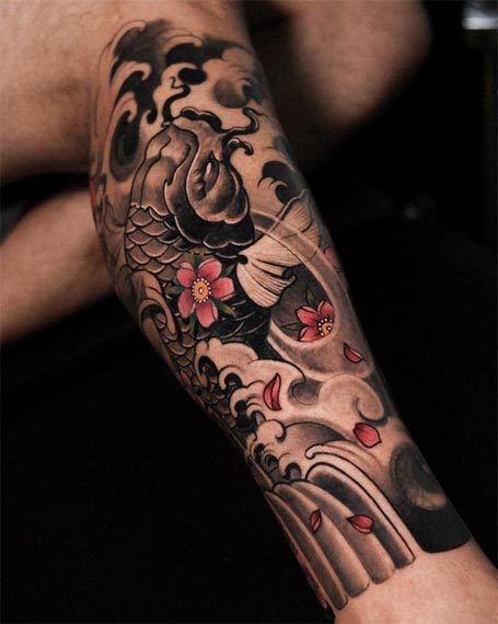 japanese dragon koi fish temple tattoo male leg half sleeve 3