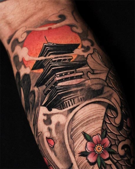 japanese dragon koi fish temple tattoo male leg half sleeve 4