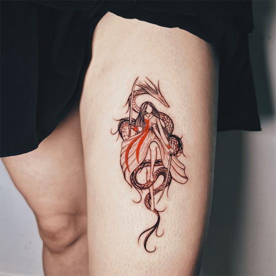 lady holding sword dragon tattoo design girl thigh