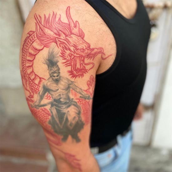 red dragon black japanese samurai tattoo design male arm bicep