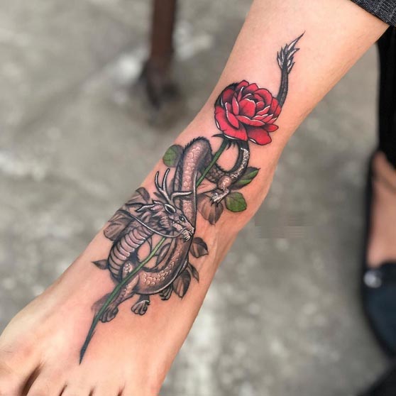 red rose black dragon tattoo female leg foot