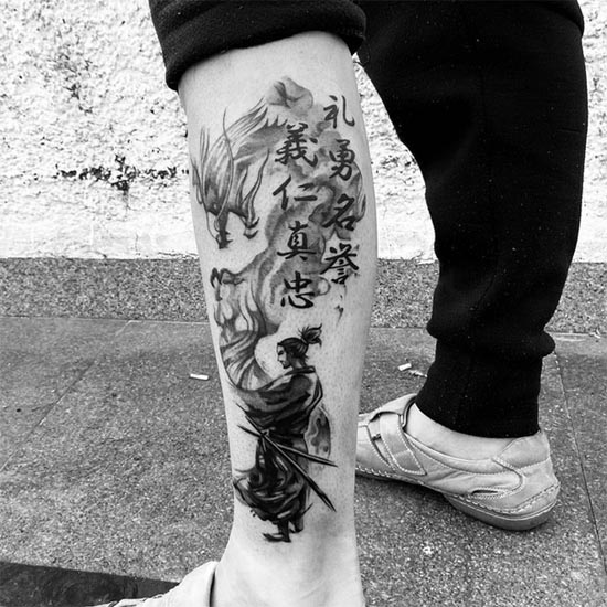 samurai warrior dragon kanji characters tattoo male leg