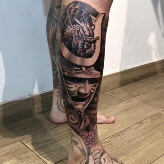 samurai warrior dragon tattoo design male half leg 1