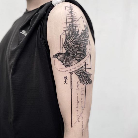 eagle quote geometric pattern tattoo fine line male bicep