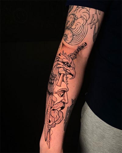 eagle sculpture sword tattoo linework arm man half sleeve