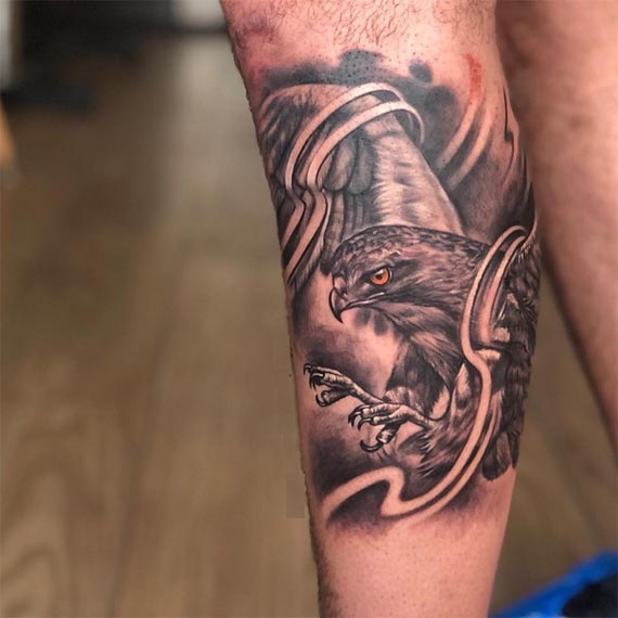 eagle tattoo design on leg male black and grey