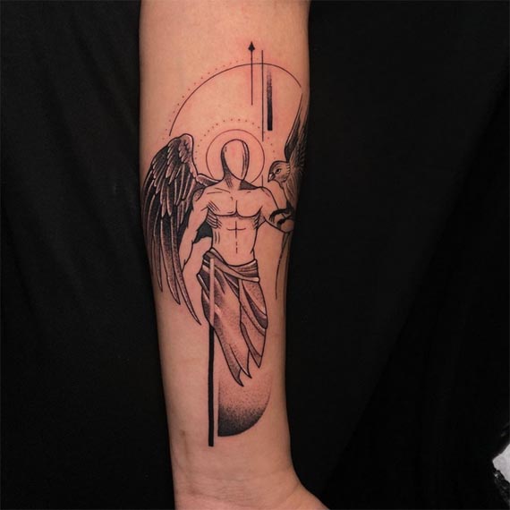 guardian angel one wing eagle tattoo male arm whip shading