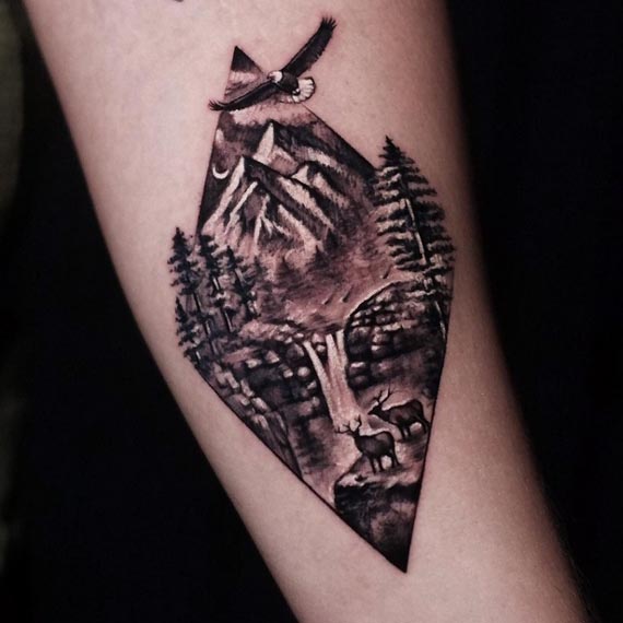 nature eagle wild life forest mountains tattoo female hand forearm