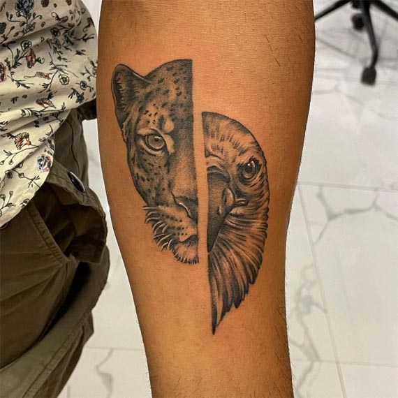 split half leopard half eagle head tattoo design male forearm