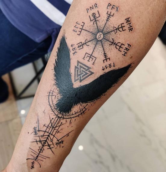 viking compass eagle geometric pattern tattoo male forearm
