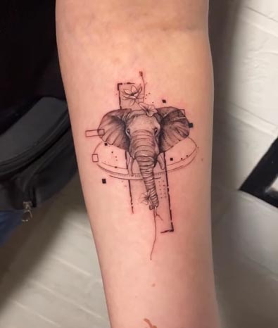 elephant head flowers tattoo design geometric fine line female forearm