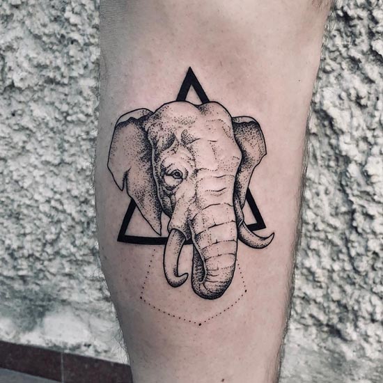 elephant head on triangle tattoo dotwork male calf