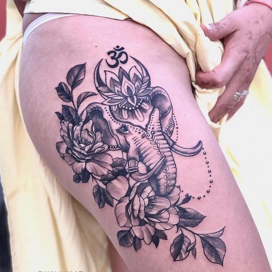 elephant head peony om lotus mandala tattoo design female hip thigh