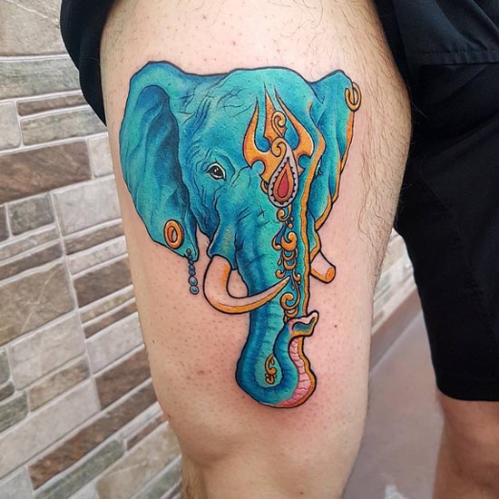 elephant head trishul on head tattoo design color blue male thigh
