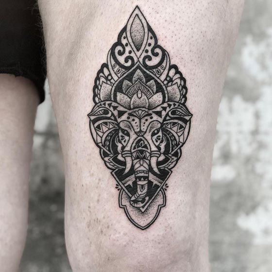 mandala elephant tattoo design dotwork male thigh