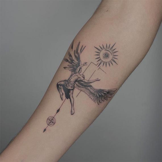 angel icarus eyes within sun few geometric shapes tattoo design male forearm