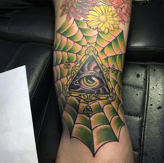eye in triangle shaped frame on spider web color tattoo old school forearm