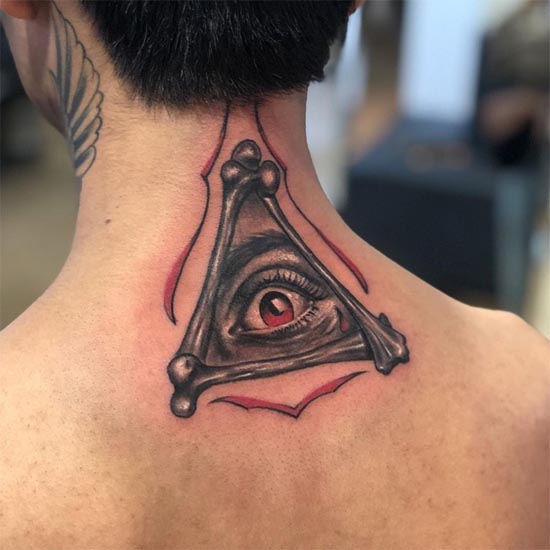 eye placed in triangle made of bones tattoo design idea male back neck
