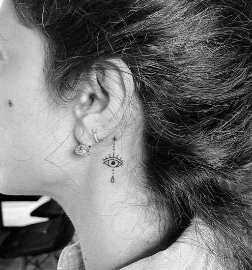 eye tattoo design minimalist linework female neck back ear