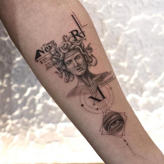 medusa roman number 11 eye geometric pattern tattoo fine line female forearm