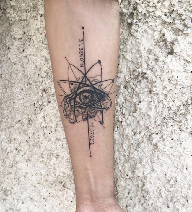 solar system orbital rings eye with liquid flow background and longitude top latitude bottom tattoo male forearm
