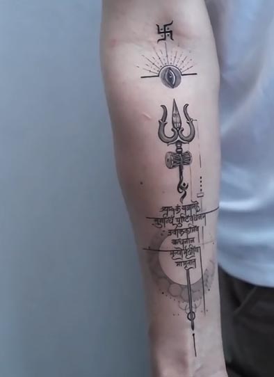 trishul damru swastika eye maha mrityunjaya mantra tattoo geometric fine line male forearm