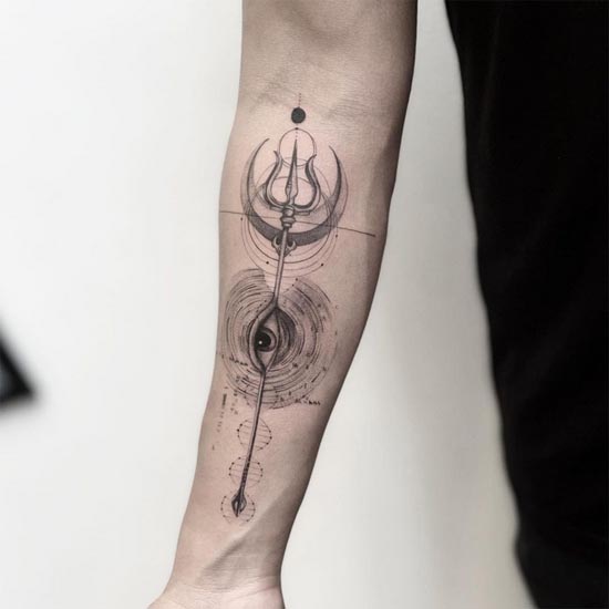 trishul eye geometric circular patterns tattoo fine line male forearm