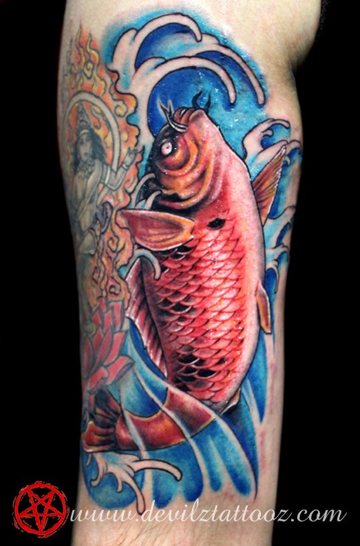 koi fish waves color tattoo