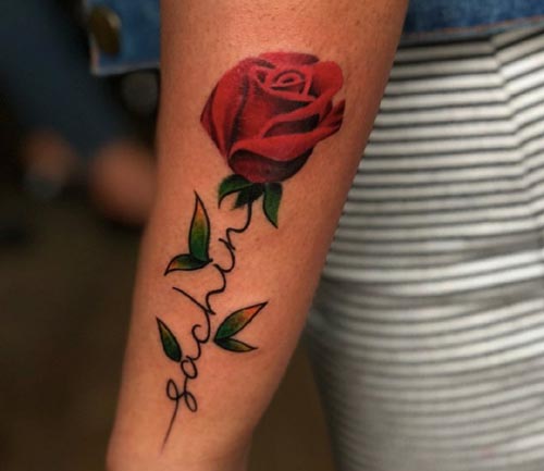 rose with name stem tattoo design