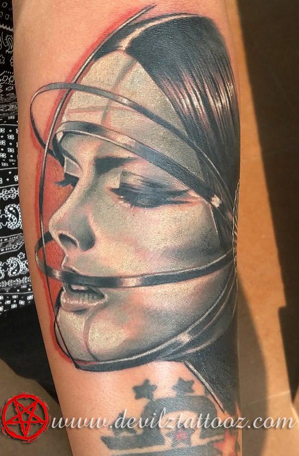 futuristic modern face tattoo