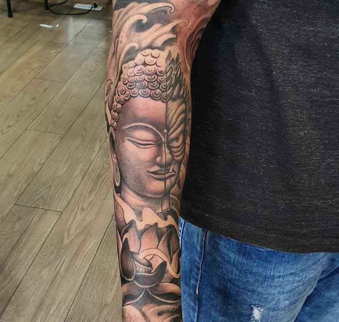 japanese buddha sleeve tattoo